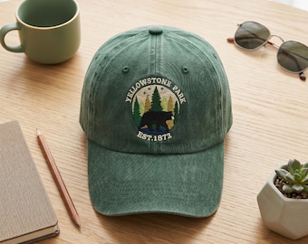 Yellowstone Park Est 1872 Embroidered Wash Dad Cap, National Park Bear Hat, Pine Trees Starry Night Nature Souvenir Gift