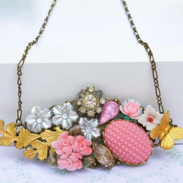 PINK FLOWERS AND BUTTERFLY Vintage Cluster Necklace