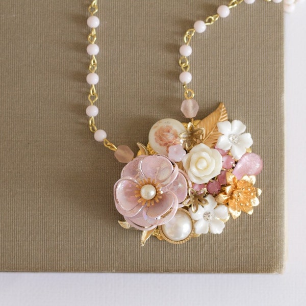 Roses Love Vintage Collage Necklace