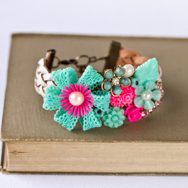 Hippie Pink and Turquoise Bracelet, Spring Vintage Retro Bracelet, Gypsy Statement Bracelet, Neon Boho Collage Cuff Bracelet