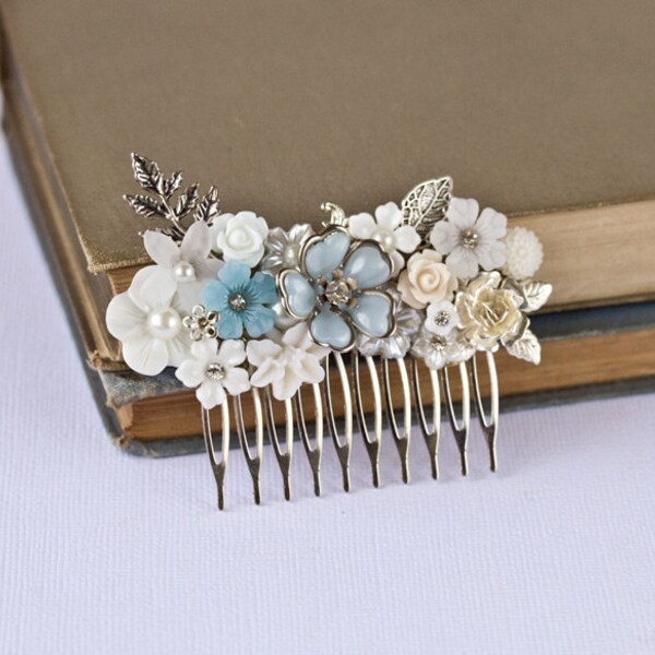 FREE SHIPPING Bridal Hair Comb Wedding Hair Accessories, Vintage Something Blue, Shabby Chic Silver Hair Comb Something Old Black Friday