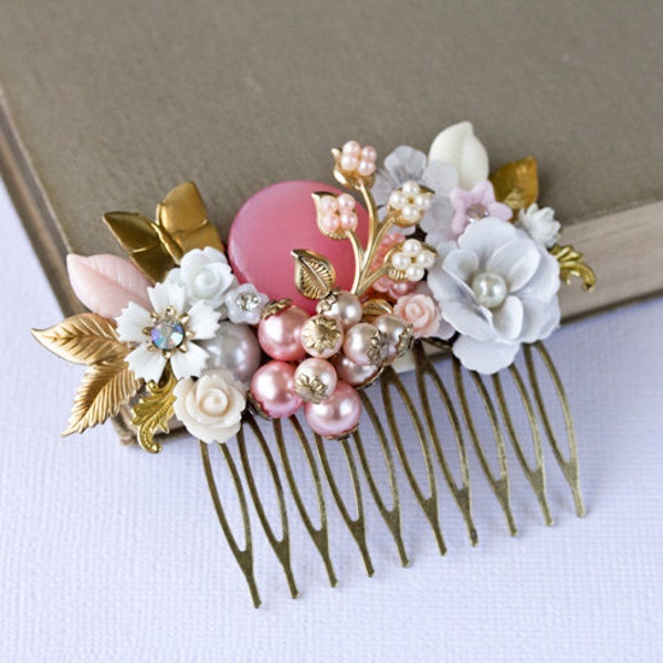 Pink Wedding Hair Comb - Bridal Hair Comb, Bridesmaid Gift, Shabby Chic Hair Comb, Vintage Hair Piece, Romantic Gold Collage Comb