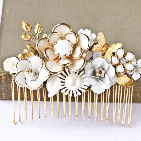 Bridal Hair Comb - Vintage Wedding Hair Comb, Shabby Chic Bridal Hair Accessories, White Cream Gold, Romantic, Something Old