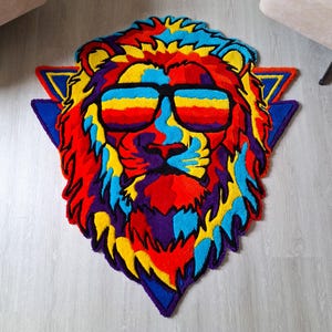 Bunter Löwen-büscheliger Teppich: Handgemachtes Acryl-Statement-Dekor - Perfektes Geschenk