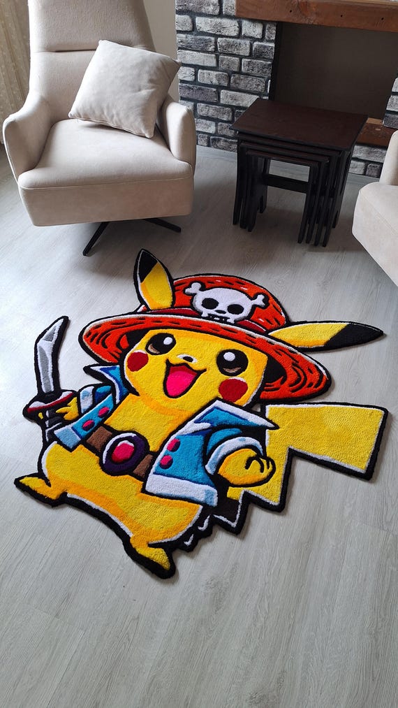 Handmade Tufted Anime Rug: Pikachu One Piece Design, Geek Decor, Tufting