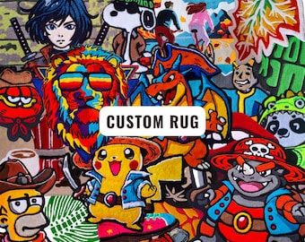 May include: A collection of custom rugs featuring various colorful pop culture characters including a lion with sunglasses, Pikachu on a skateboard, a dragon, a pirate creature, a cartoon character in a cowboy hat, and a leaf, with the text CUSTOM RUG.