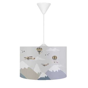 Adventure Theme Pendant Light – Kids Room Ceiling Lamp with Hot Air Balloons, Airplanes, and Matching Cushion Gift