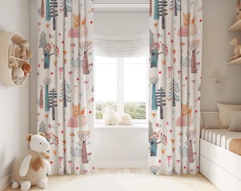 Woodland Nursery Curtains: Fox and Bear Print, Custom Sizes