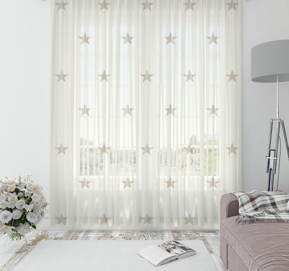 Beige Star Sheer Curtain: Neutral Nursery Decor, Machine Washable