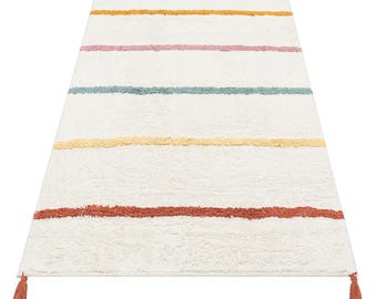 Alfombra minimalista de algodón a rayas para guardería: lavable con borlas