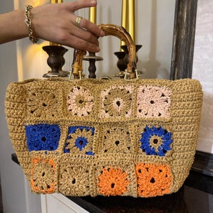 Colorful Granny Square Crochet Raffia Bag 33x23cm (13x9in) with Bamboo Handles – Handmade Summer Tote by Me