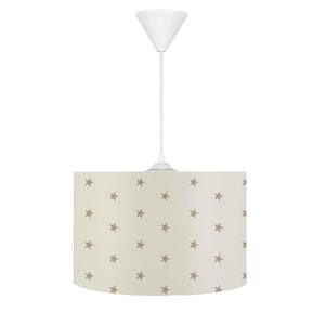 May include: A white ceiling light fixture with a beige drum shade featuring a pattern of brown stars.