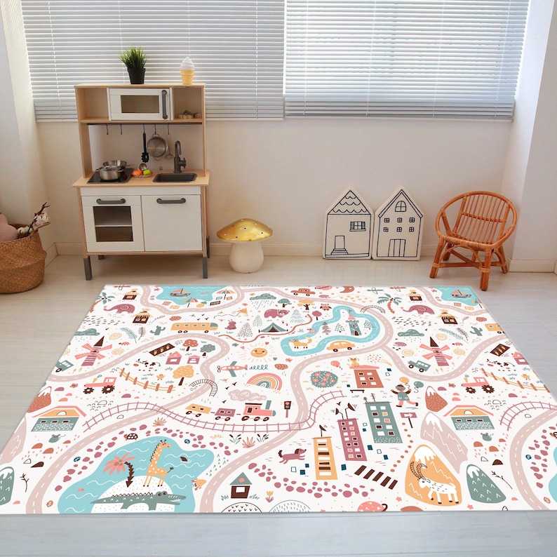 May include: A colorful play mat with a road, houses, animals, and other fun elements. The mat is perfect for kids to play on and learn.