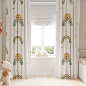 Rainbow and Lion Print Curtains for Kids Room – Whimsical Safari Theme Drapes – Custom Sizes – Nursery Window Decor