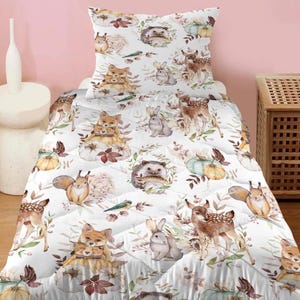 Woodland Animal Themed Single Comforter Set with Pillowcase 160x220cm Soft Microfiber Kids Quilt Featuring Fox Deer Bunny Hedgehog Print