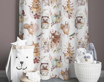 Woodland Animal Kids Curtains: Forest Fox, Deer, Rabbit Drapes
