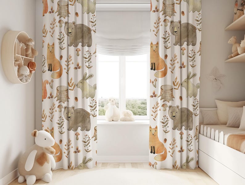 May include: White curtains with a woodland animal print featuring foxes, bears, and rabbits. The animals are illustrated in watercolor style with brown, orange, and green accents.
