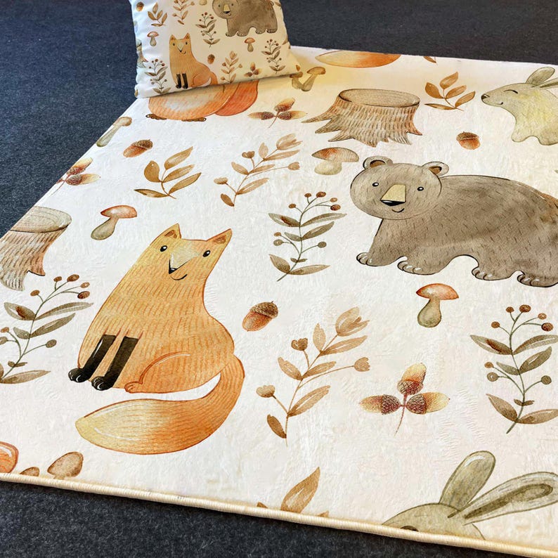 woodland kids rug, forest play mat, washable kids carpet, animal theme rug, fox and bear rug, toddler room carpet, soft playroom mat, nursery decor rug, cute forest animals, cozy kids carpet, children play mat, mushroom theme rug, washable rug
