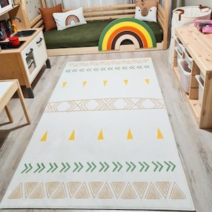 Waschbarer Kinderteppich im Boho-Stil - Weicher Spielzimmerteppich mit gratis Kissenbezug für Kinderzimmer- und Raumdekoration