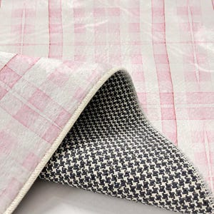 Soft Pink Plaid Nursery Rug: Washable Kids Room Carpet with Cushion Cover image 5