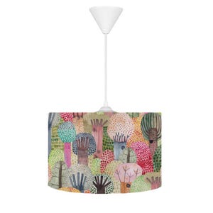 Colorful Forest Pendant Light – Kids Room Ceiling Lamp with Watercolor Tree Design and Matching Cushion Gift