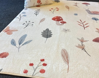 Soft Forest-Inspired Kids Play Mat - Mushrooms, Snails, and Leaf Design - Ultra Soft Nursery Rug with Cushion Cover Gift