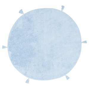 May include: A light blue round rug with tassels around the edge.