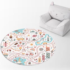 May include: A round, white play mat with a colorful city scene. The mat features a road, buildings, trees, animals, and vehicles. The mat is perfect for children to play on and learn about their surroundings.