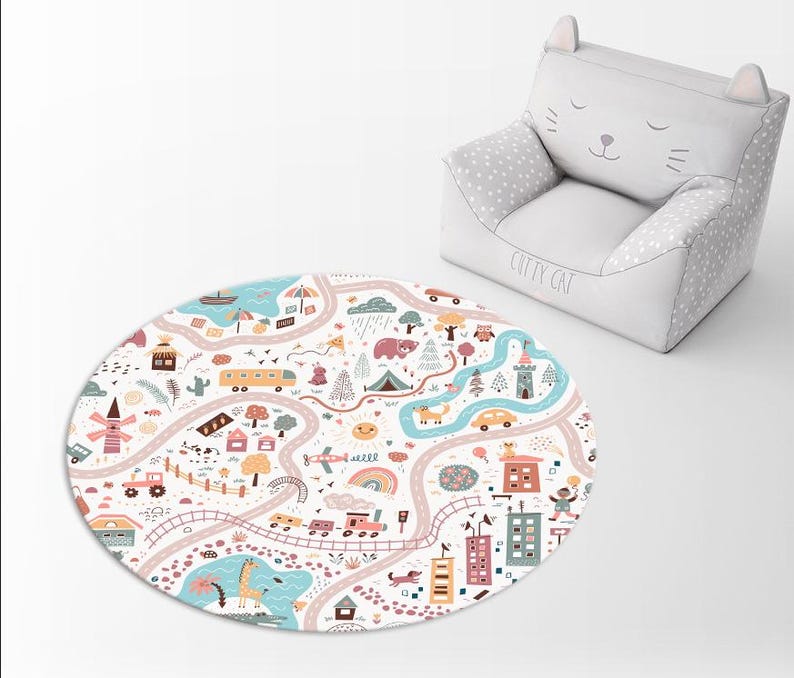 May include: A round, white play mat with a colorful city scene. The mat features a road, buildings, trees, animals, and vehicles. The mat is perfect for children to play on and learn about their surroundings.