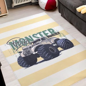 Tapis Monster Truck pour enfants - Tapis de salle de jeu amusant et durable avec un design audacieux de Monster Truck, tapis de sol lavable pour chambre d'enfant