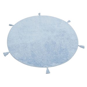 May include: A light blue round rug with tassels around the edge.