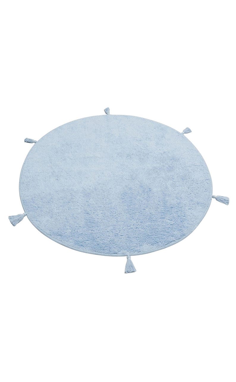 May include: A light blue round rug with tassels around the edge.