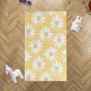 Yellow Daisy Kids Rug - Ultra-Soft Washable Carpet for Playroom & Nursery with Free Cushion Cover for Girls&#39; Room