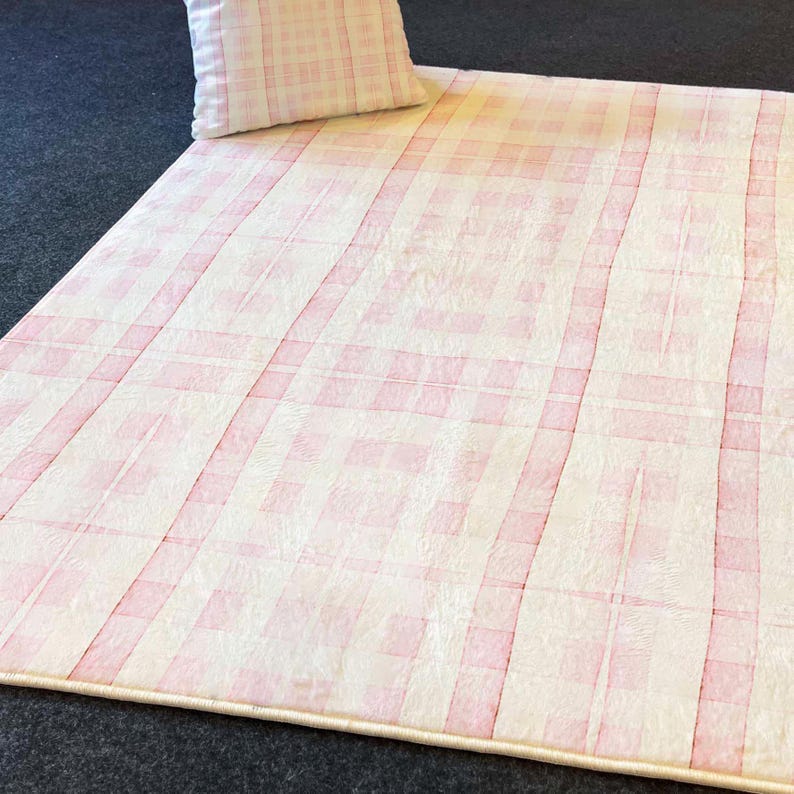 soft pink plaid rug, nursery plaid carpet, kids room plaid mat, cozy playroom rug, washable kids rug, pastel plaid carpet, soft nursery floor, pink plaid decor rug, elegant kids carpet, washable pink rug, soft kids room mat, plaid nursery rug