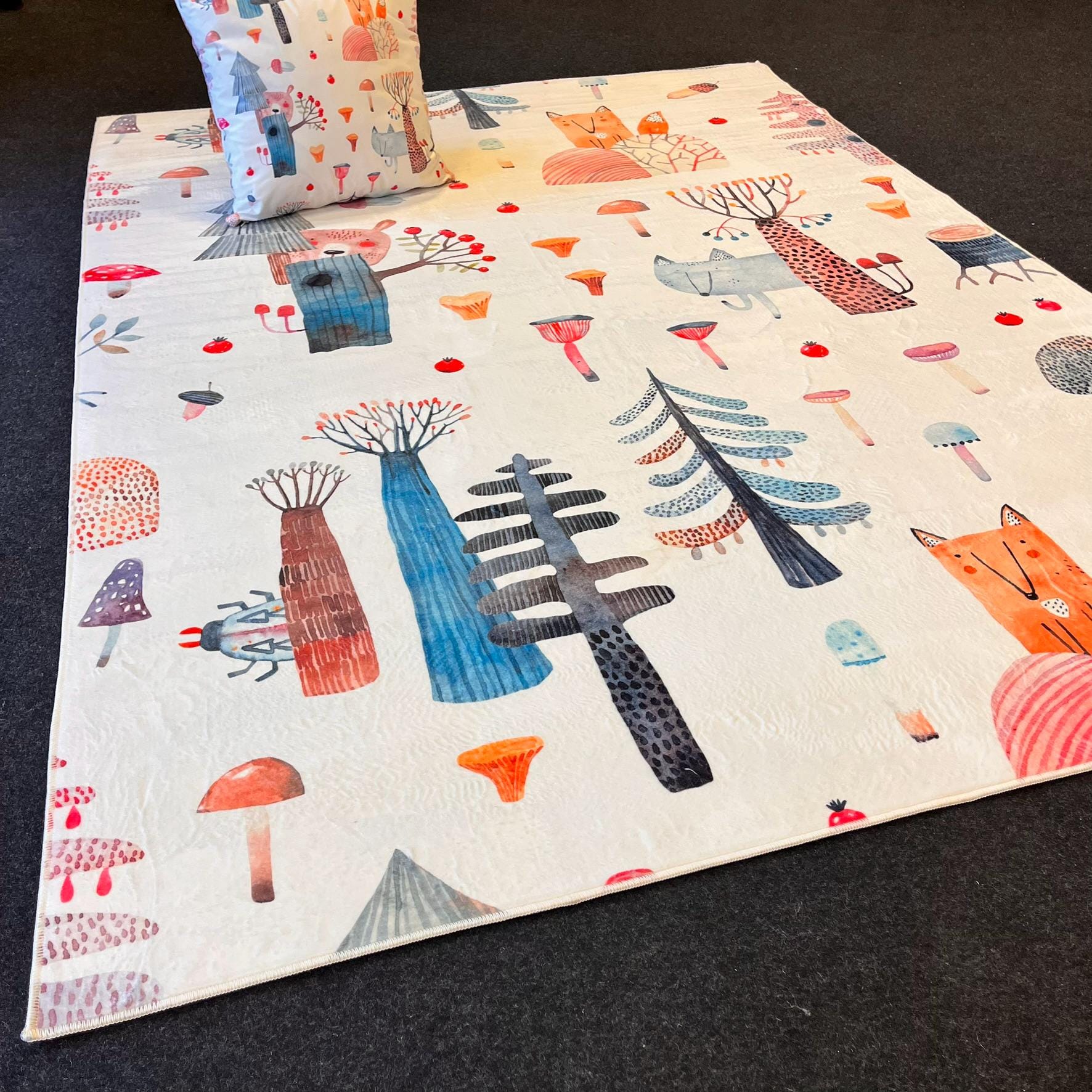 Forest Friends Rug - Ultra Soft Woodland Play Mat for Kids Room with Matching Cushion Cover and Coordinated Decor Options