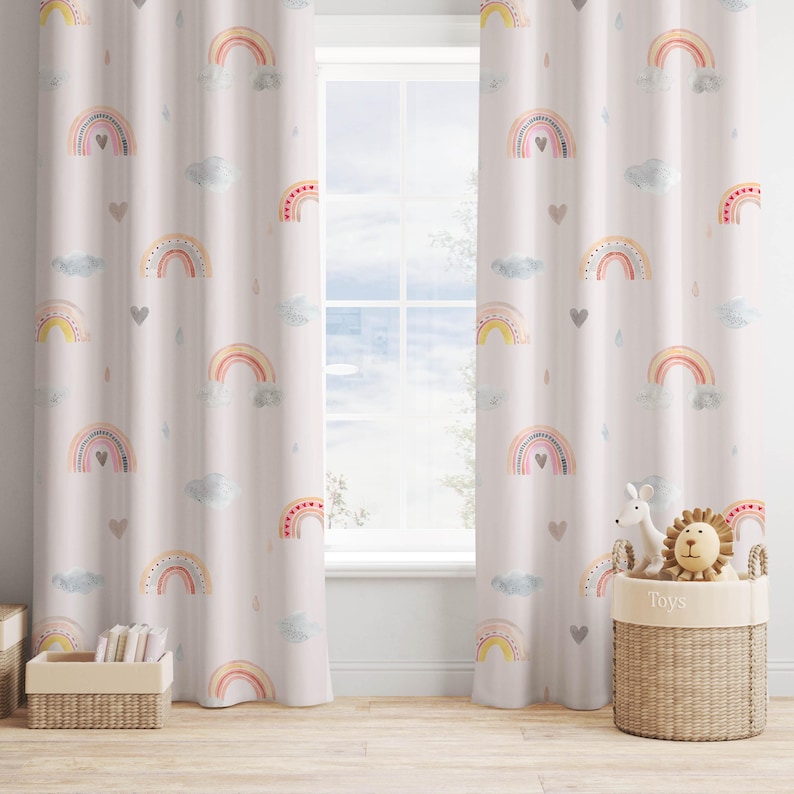 rainbow cloud curtains, pastel kids drapes, nursery room decor, custom size curtains, kids playroom decor, modern nursery curtains, colorful kids curtains, soft pastel curtains, calming room drapes, cloud print curtains, rainbow themed decor