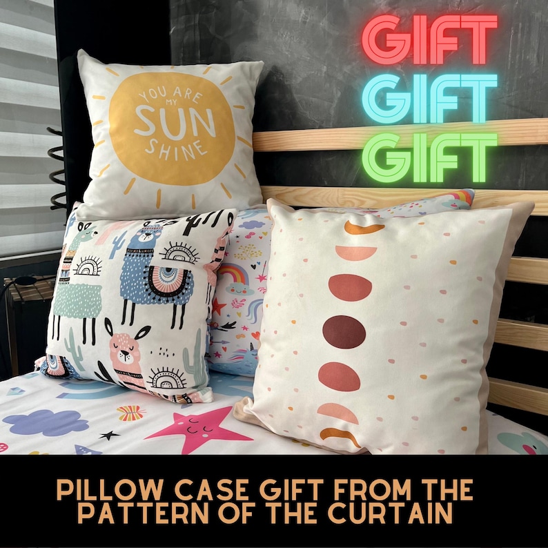 May include: Four pillowcases with different patterns. The pillowcases are on a bed with a white and blue patterned bedspread. The pillowcases feature a sun with the text "You are my sunshine", a llama with a colorful pattern, a rainbow with hearts, and a pattern of brown and pink circles. The text "PILLOW CASE GIFT FROM THE PATTERN OF THE CURTAIN" is at the bottom of the image.