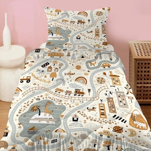 Trösterset für Einzelbettdeckenset mit Kissenbezug, 160 x 220 cm, mit Straßen, Autos, Tieren und weichem Mikrofaser-Stoff