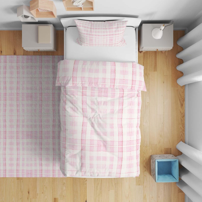 Soft Pink Plaid Nursery Rug: Washable Kids Room Carpet with Cushion Cover image 7
