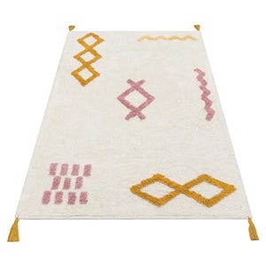 Boho Style Nursery Rug with Geometric Pattern and Tassels, 100% Natural Cotton Baby Room Carpet, Soft Washable Eco-Friendly Design