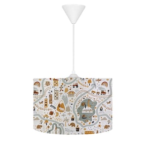 Suspension Adventure Map - Plafonnier pour chambre d'enfant avec motif jungle, train et ville et coussin assorti