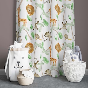 Jungle Safari Animal Curtains for Kids Room – Lion, Giraffe, and Monkey Print – Custom Sizes – Fun Nursery Window Decor