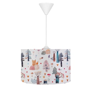 Whimsical Woodland Pendant Light – Kids Room Ceiling Lamp with Forest Animals, Trees, and Matching Cushion Gift