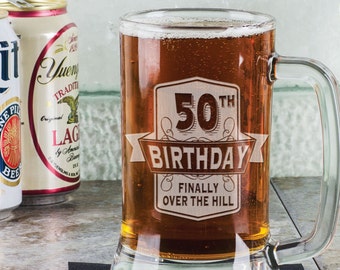 50th Birthday FInally over the Hill Funny Gag 16Oz Beer Stein Mug Engraved Father Gift Idea Etched Birthday from Son Daugther Present