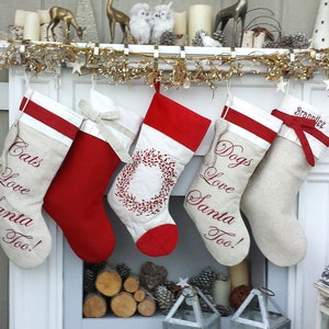 Linen Christmas Stockings Dog Stocking Cat Rustic Chic Embroidered Personalized Holiday Modern Pet with Bow and Pleat Cuff Designer Names