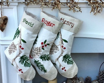 White Christmas Stockings Canvas Linen Natural Pine Cone Branch Elegant Rice Stitch Design Embroidered Rustic Woodland White Christmas Look