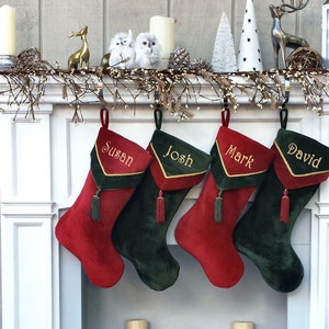 Designer Olive Velvet Christmas Stockings V-Cuff Tassel Custom Embroidered with Names image 1