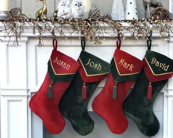 Designer Olive Velvet Christmas Stockings V-Cuff Tassel - Custom Embroidered with Names