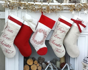 Linen Christmas Stockings Dog Stocking Cat Rustic Chic Embroidered Personalized Holiday Modern Pet with Bow and Pleat Cuff Designer Names