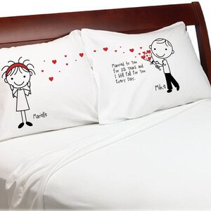 Valentines Day Gift Cute Heart Gift Pillowcases for Boyfriend Girlfriend Couple Anniversary Personalized Stick People Love Valentine's image 2